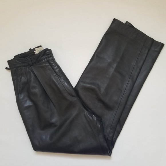 27x29 Vakko Vintage 6 Black Leather High Waisted Pleated Pants 80s Made in USA - Picture 2 of 10